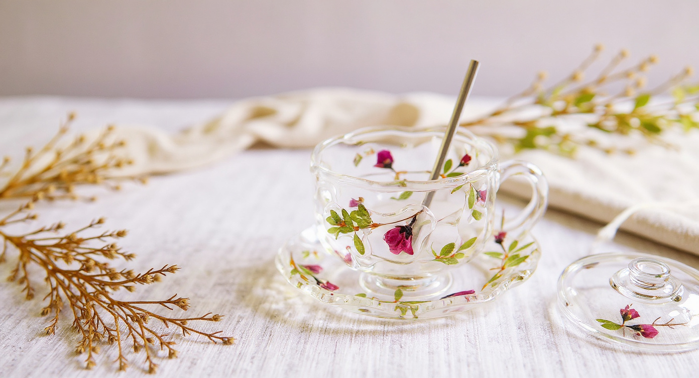 Handcrafted glass teacup saucer set with preserved roses, vintage teaspoon, linen background