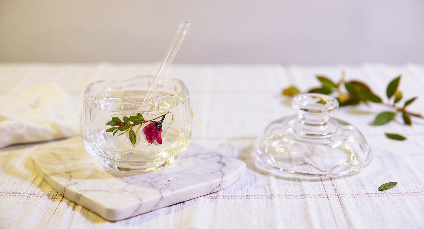 Top-down handcrafted glass teacup saucer set with preserved roses and bud vase