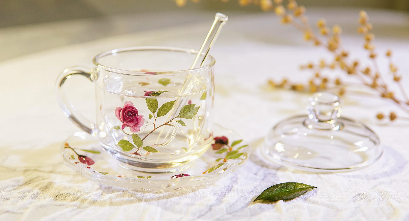 Handcrafted glass teacup saucer set with preserved roses, eucalyptus, glass straw and lid