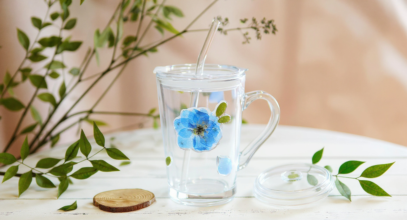 Handcrafted Glass Straw Cup with real pressed flowers on linen with petals