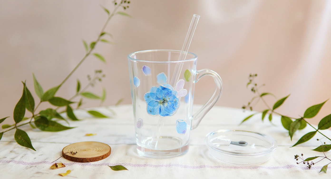 Pampasroom Handcrafted Glass Straw Cup 400ml with herbal tea on wooden tray