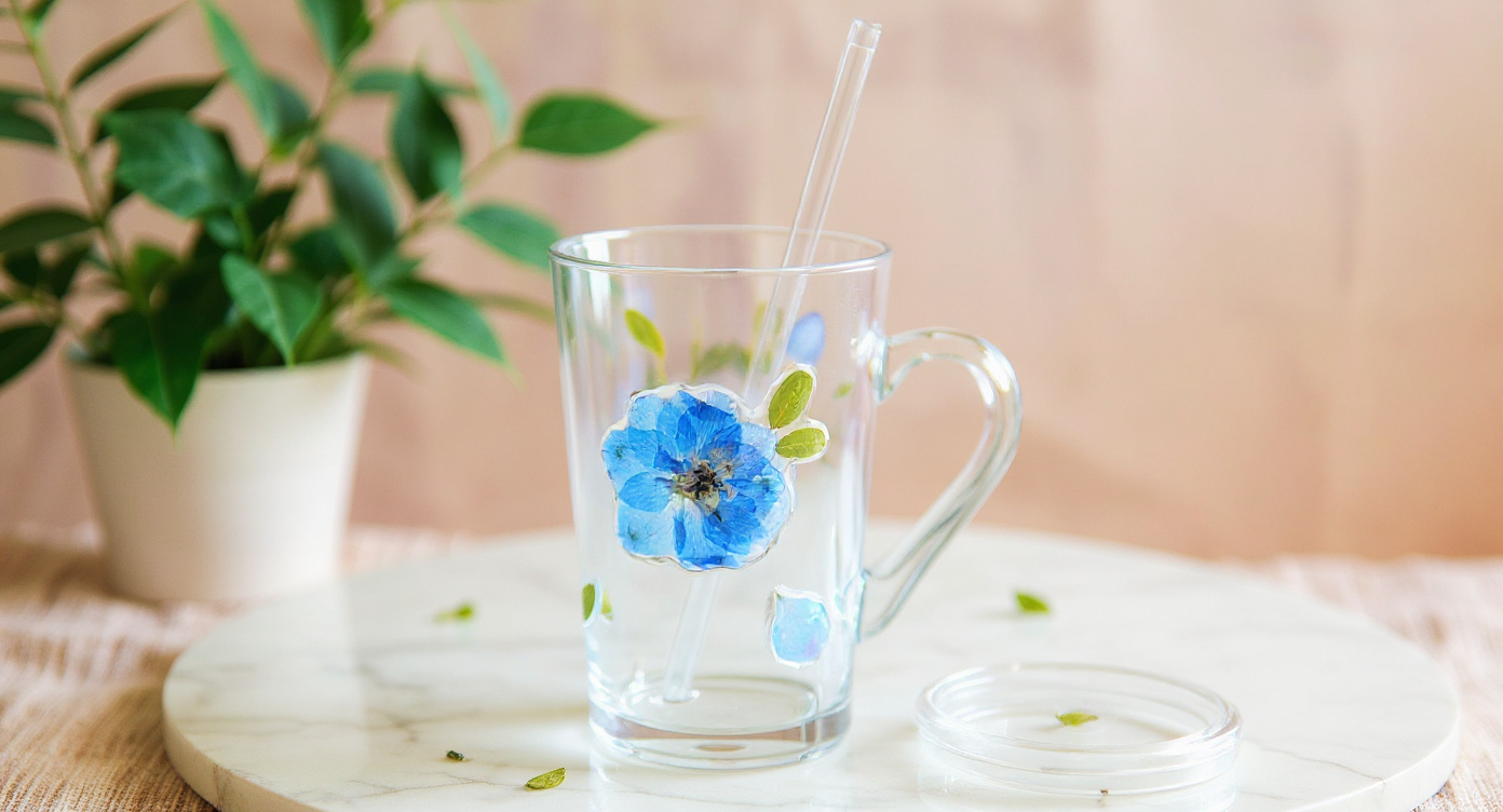 Handcrafted Glass Straw Cup Real Pressed Flowers 400ml with frosted lid and kraft packaging