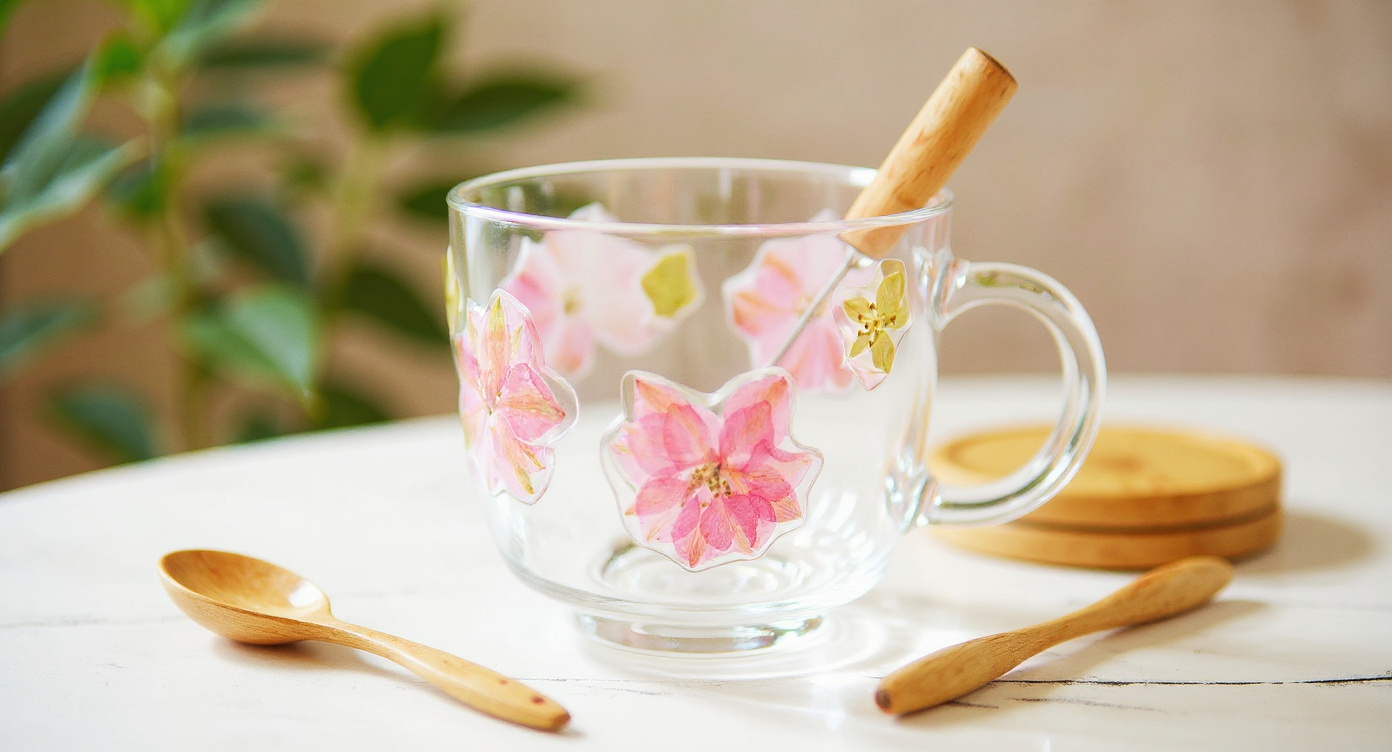 Handmade Real Flower Resin Glass Mug with macarons, dried stems and soft window light