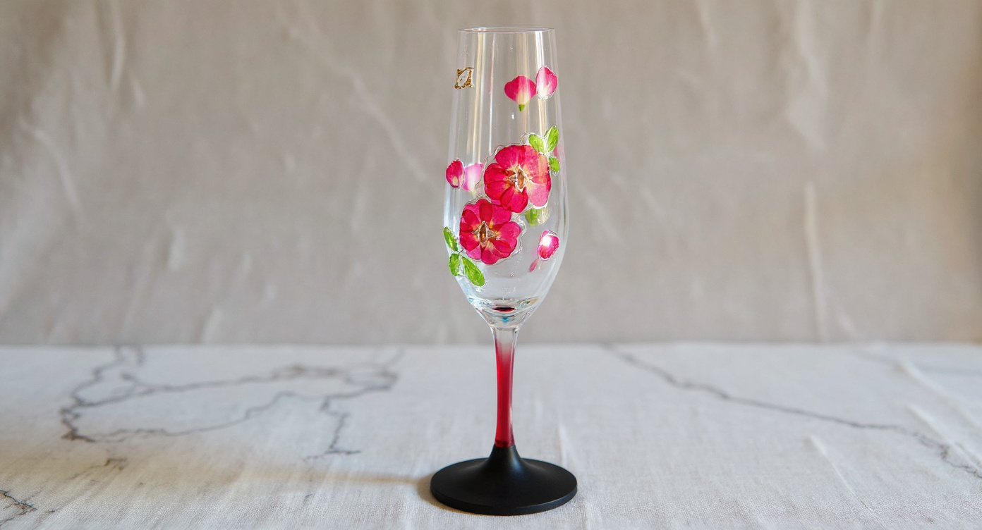 Close-up of Handcrafted Real Flower Champagne Flute textured floral glass bowl