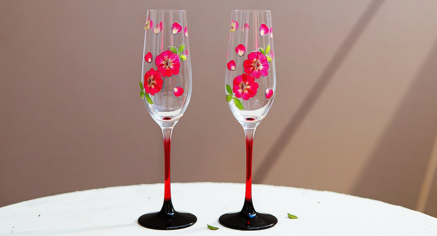 Handcrafted Real Flower Champagne Flute with red stem next to sparkling rosé bottle