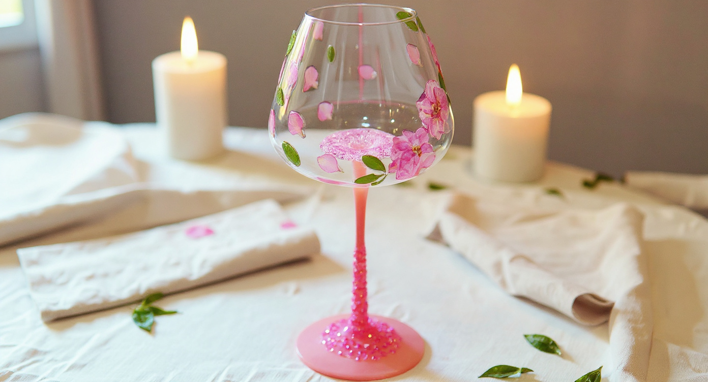 Pink wine glass with preserved flowers beside candles and eucalyptus