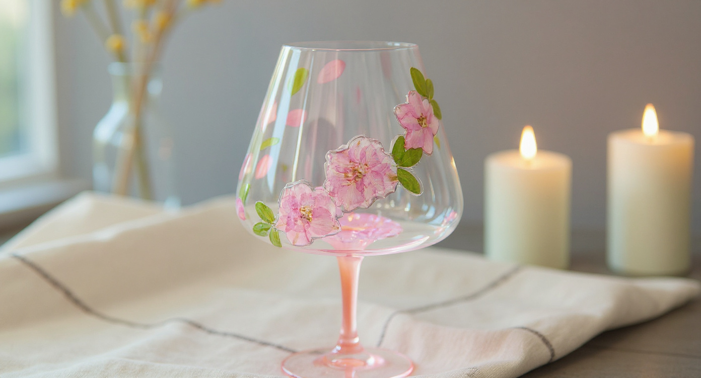 Preserved flower wine glass with kraft gift box and pampas grass
