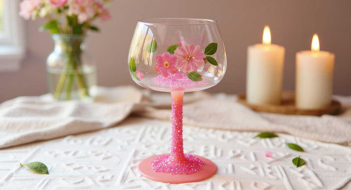 Top view of pink preserved flower wine glass with rosé and petals