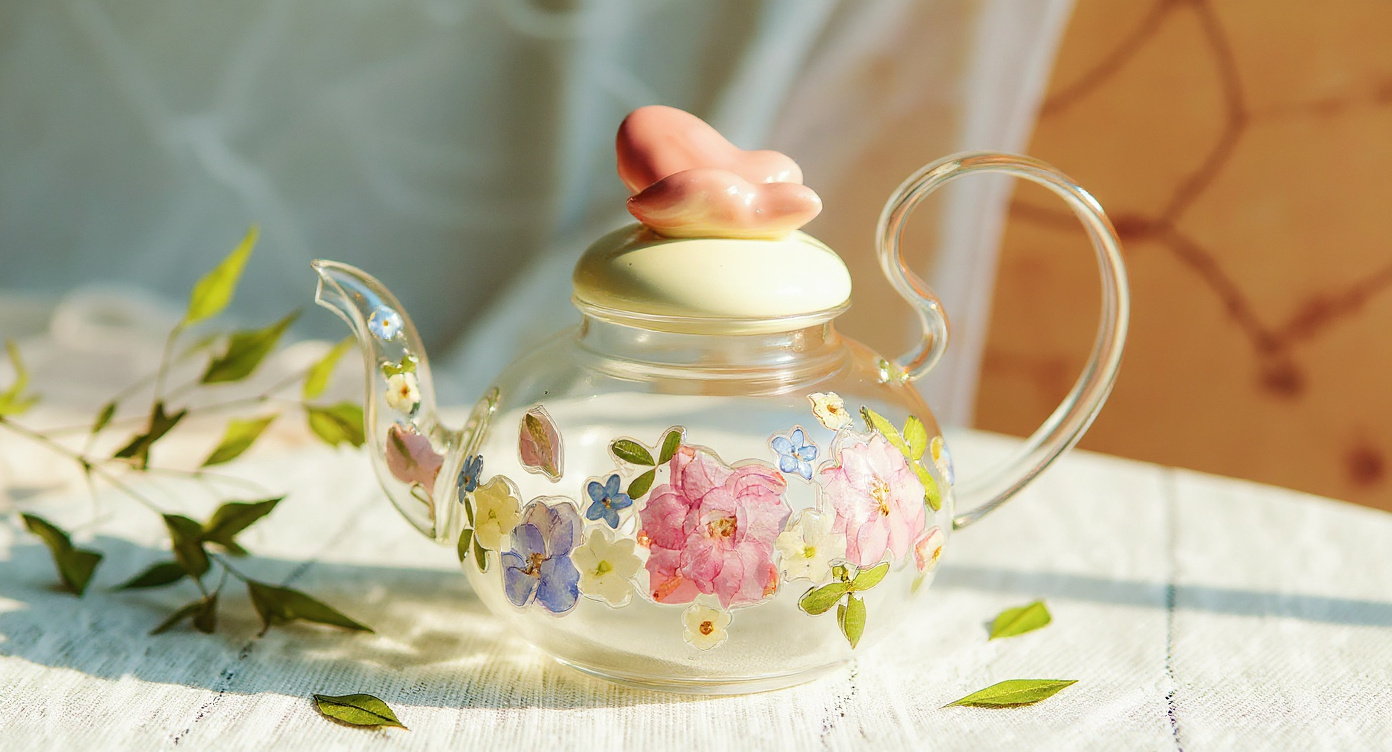 Close-up of Handmade Pressed Flower Glass Teapot raised real petals against beige linen