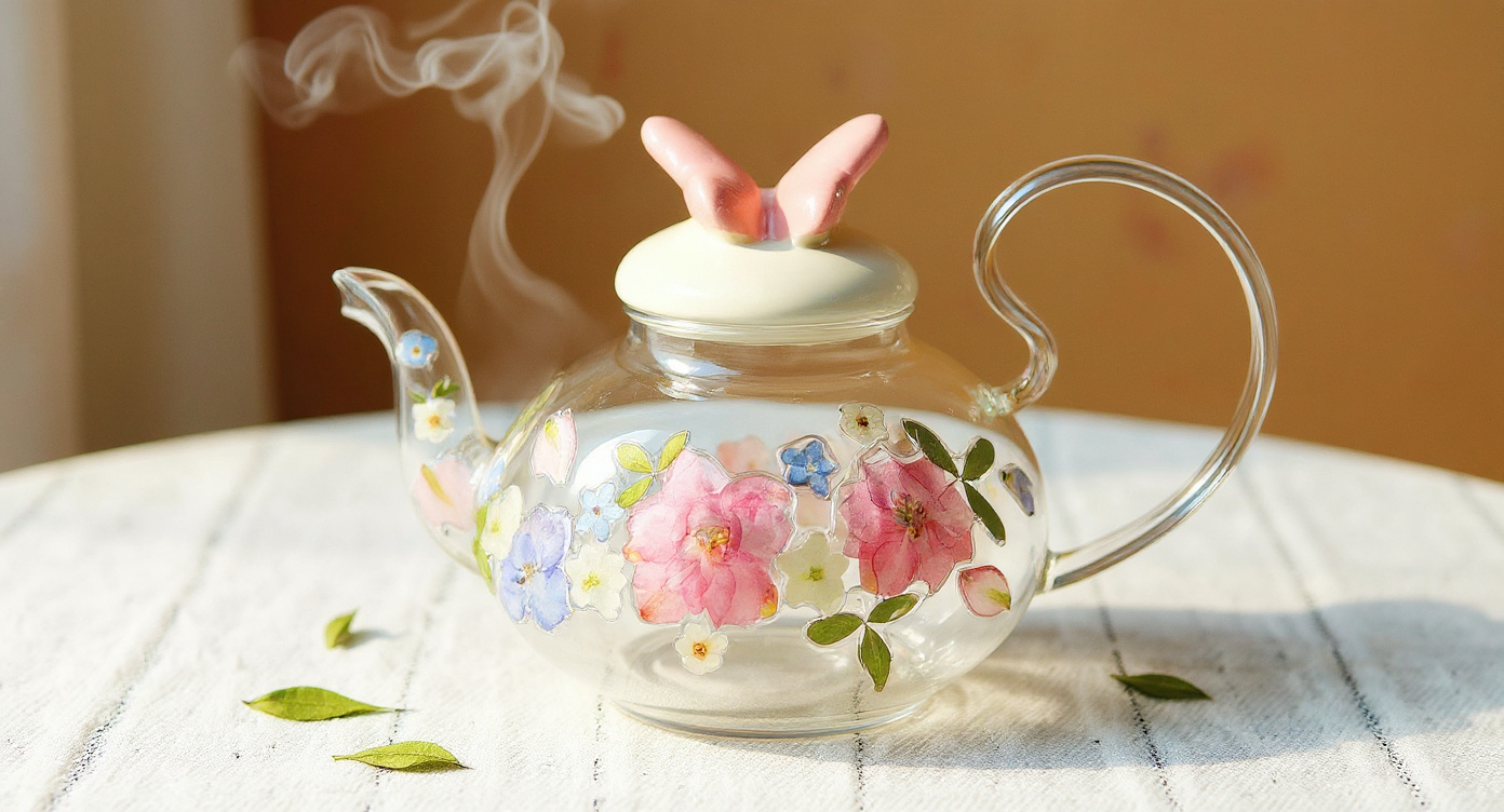 Handmade Pressed Flower Glass Teapot with steeping glass teacup and lavender buds