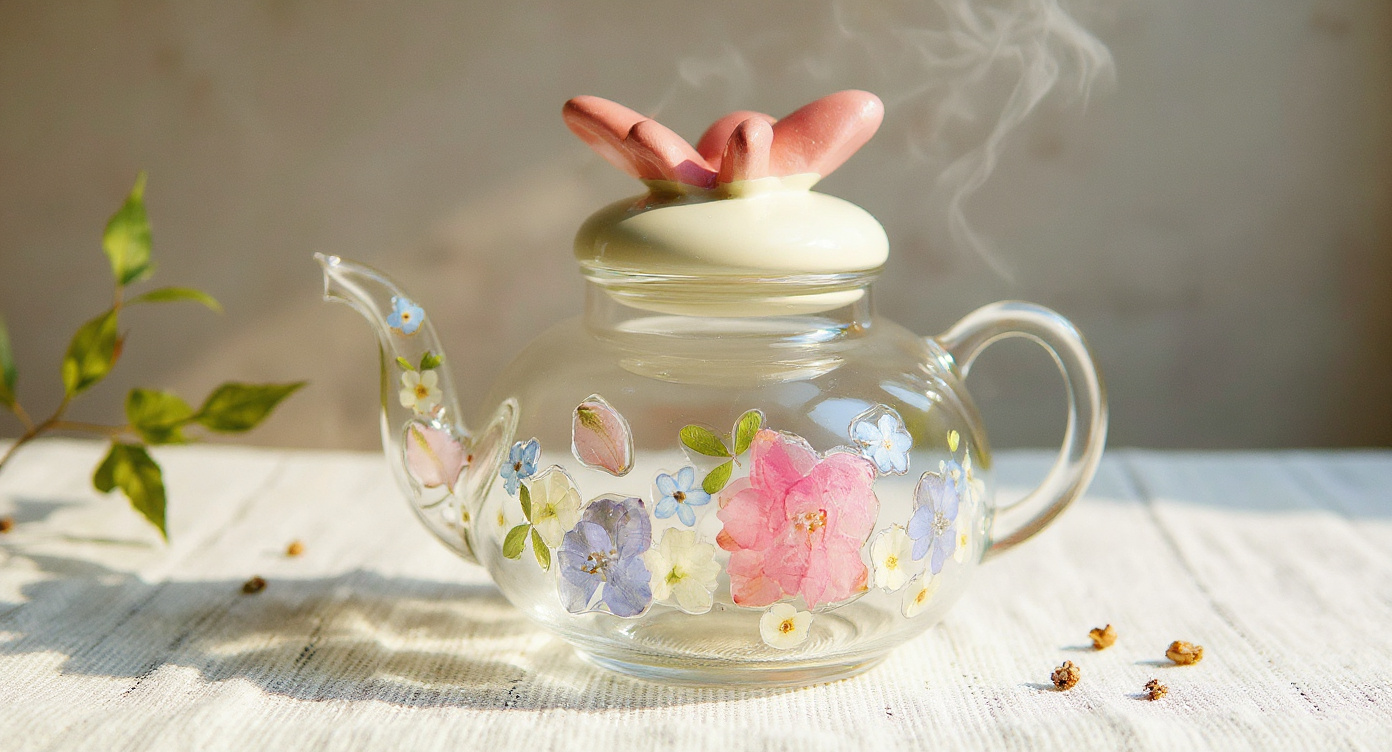 Handmade Pressed Flower Glass Teapot with botanical journal and dried pampas grass
