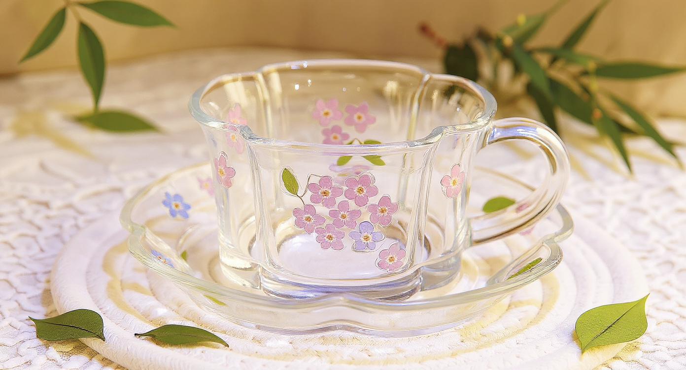 Macro detail of Pressed Flower Glass Cup raised floral texture with baby's breath.