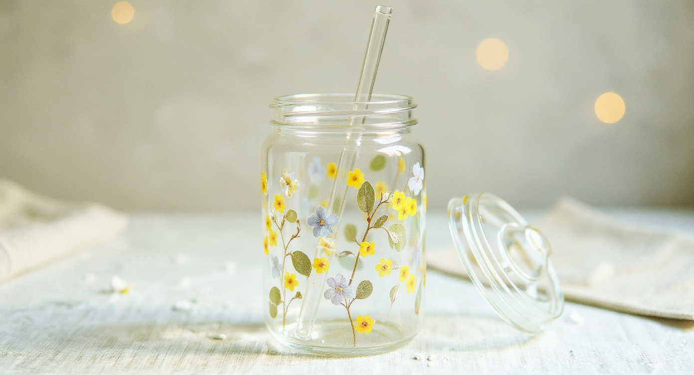 Pampasroom Handmade Glass Tumbler Real Preserved Flowers 600ml filled with iced coffee and straw.