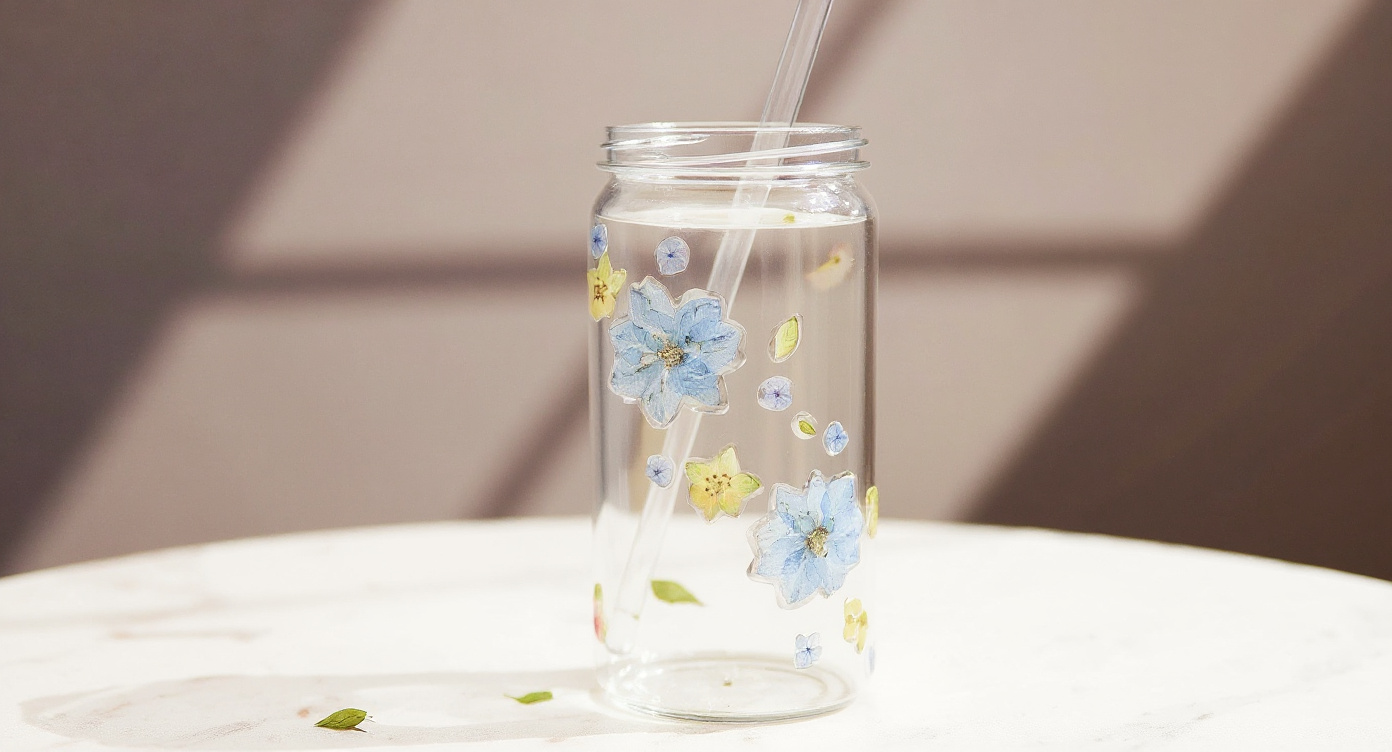 Pampasroom Handmade Glass Tumbler Real Preserved Flowers 600ml with gift tag and wax-sealed envelope.