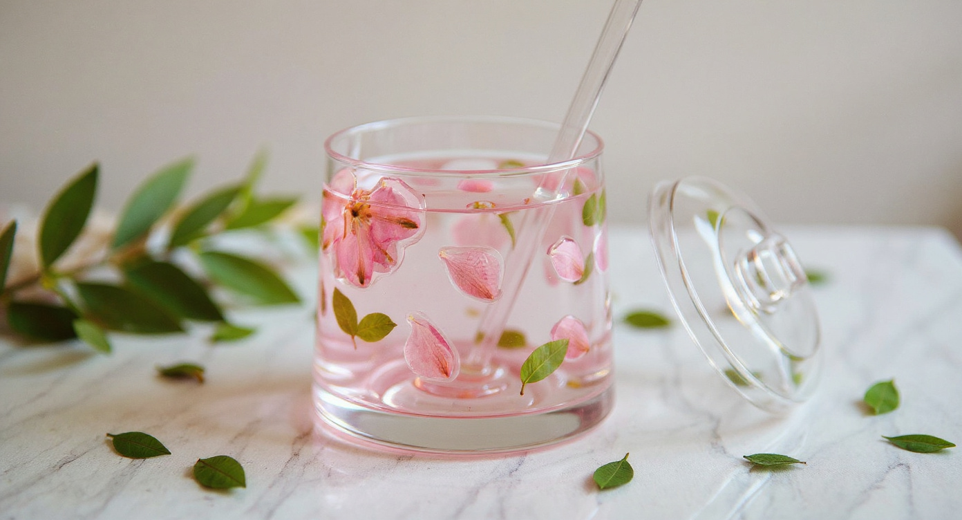 Stemless glass with real pink flowers on brass tray over linen