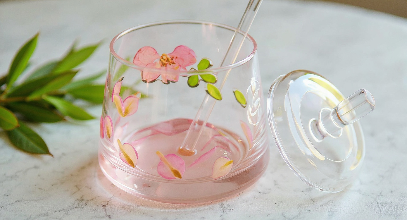 Stemless glass with pink flowers, lid, journal, and candle holder on marble