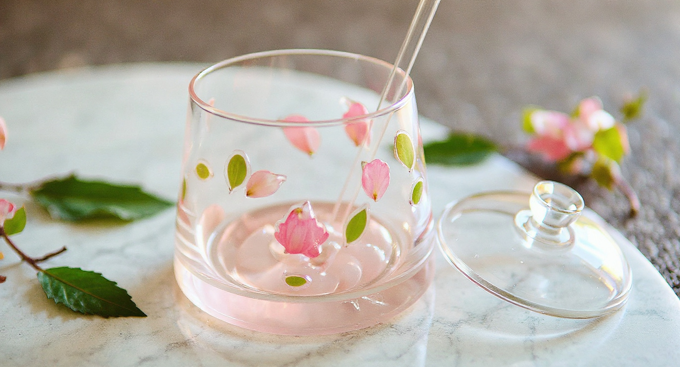 Close-up of stemless glass with pink flowers on rattan coaster