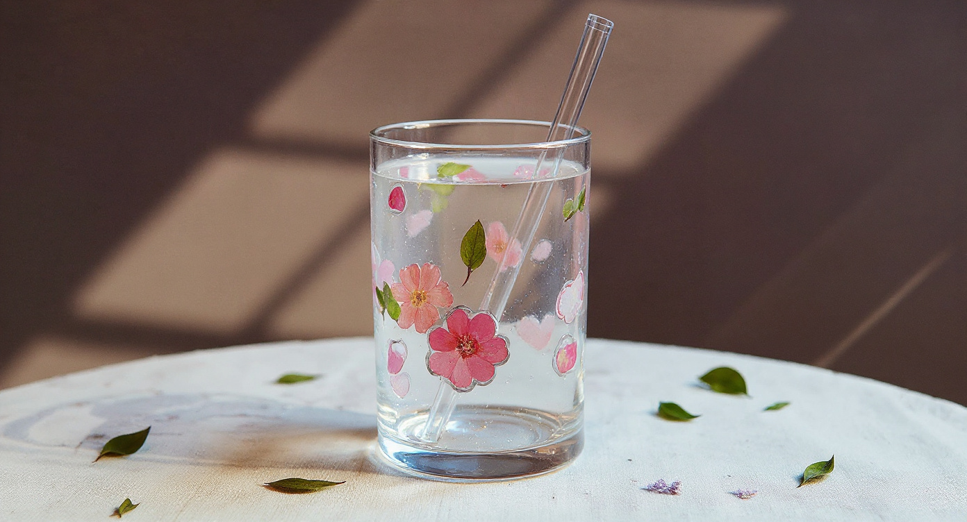 Handcrafted Pressed Flower Glass Tumbler on open botanical book with eucalyptus.