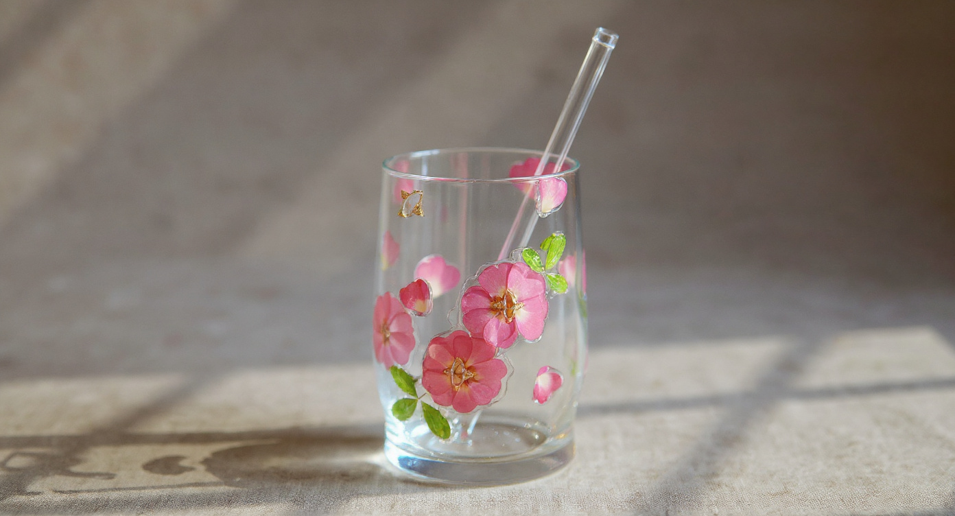 Handcrafted Pressed Flower Glass Tumbler 400ml with straw on copper tray, pampas and petals.