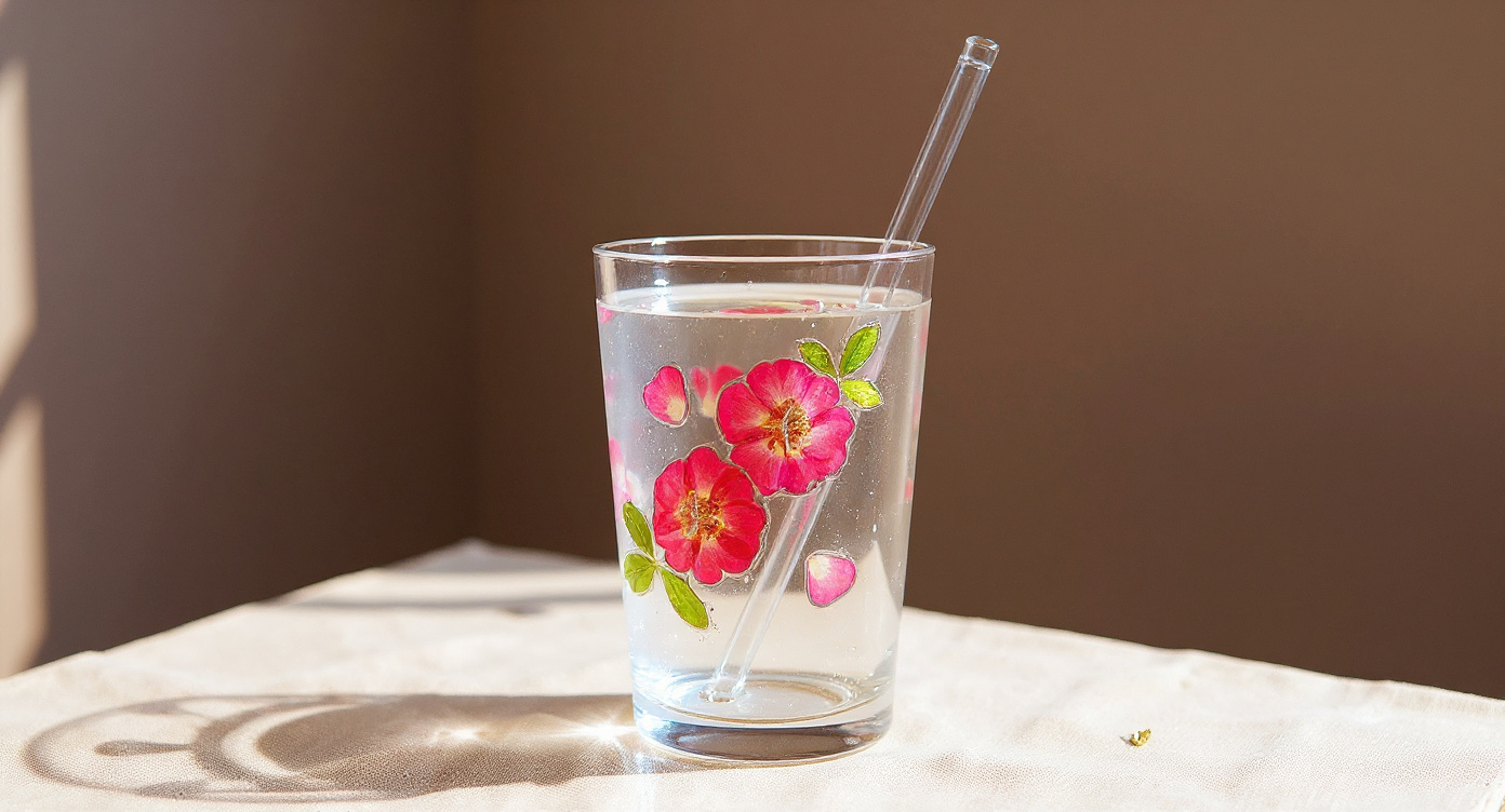 Handcrafted Pressed Flower Glass Tumbler with eucalyptus in soft window light.