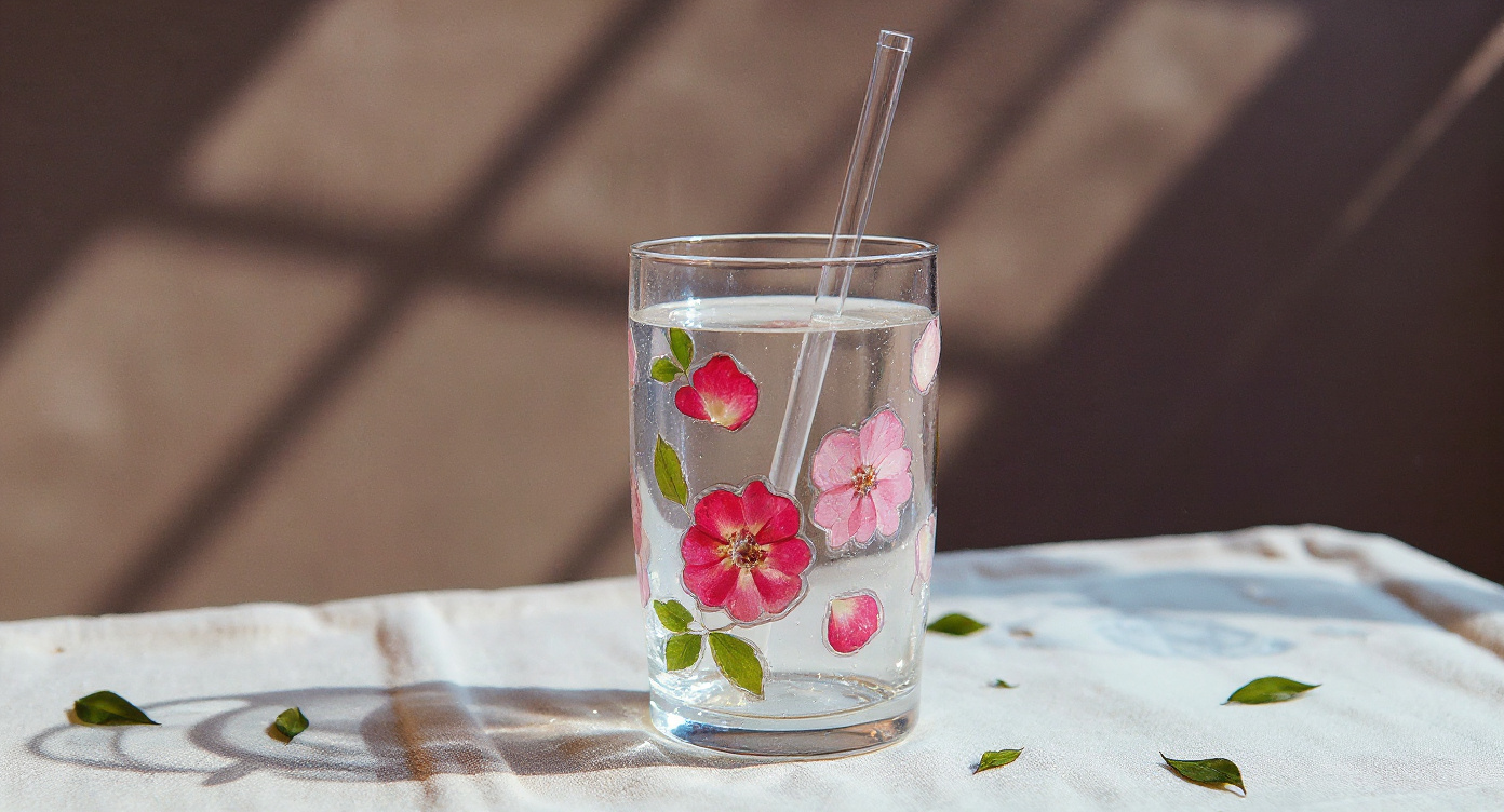 Handcrafted Pressed Flower Glass Tumbler on linen desk with botanical book and petals