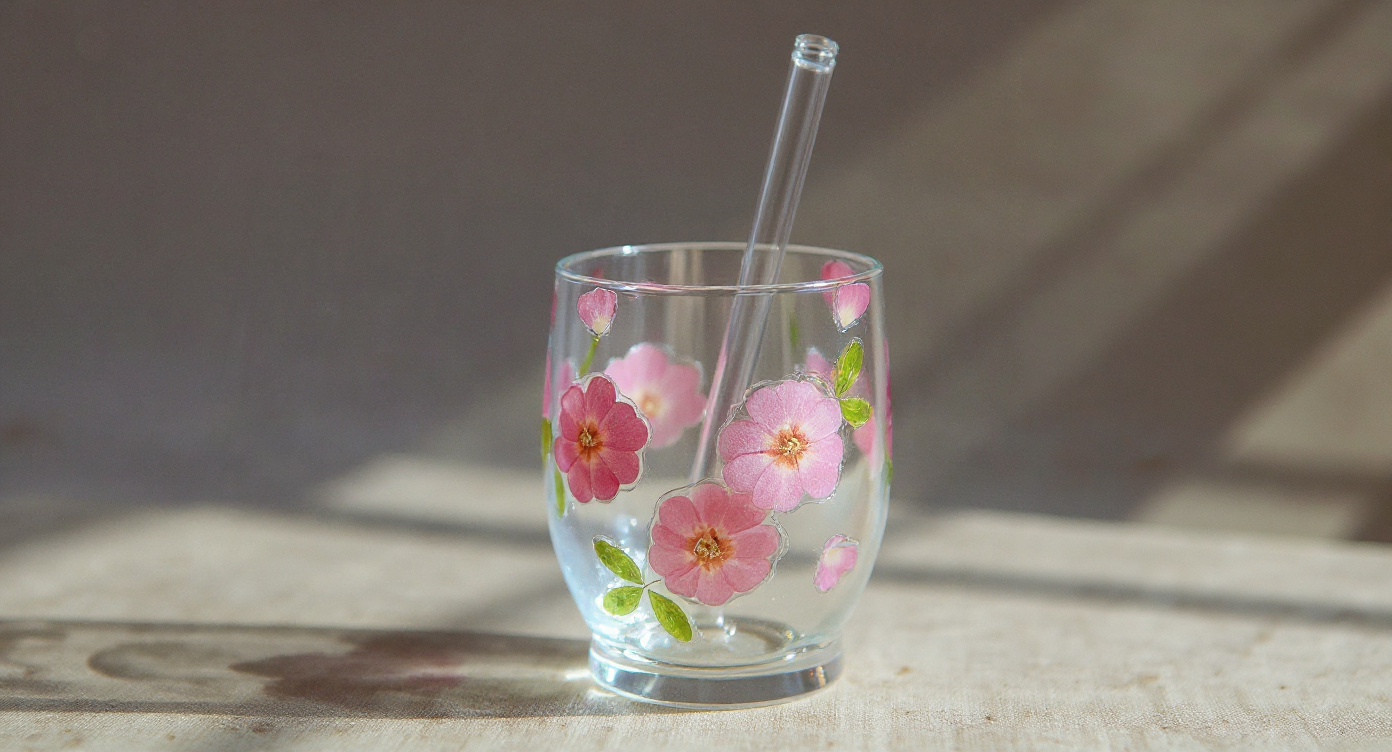 Handcrafted Pressed Flower Glass Tumbler on marble with brass tray and dried stems