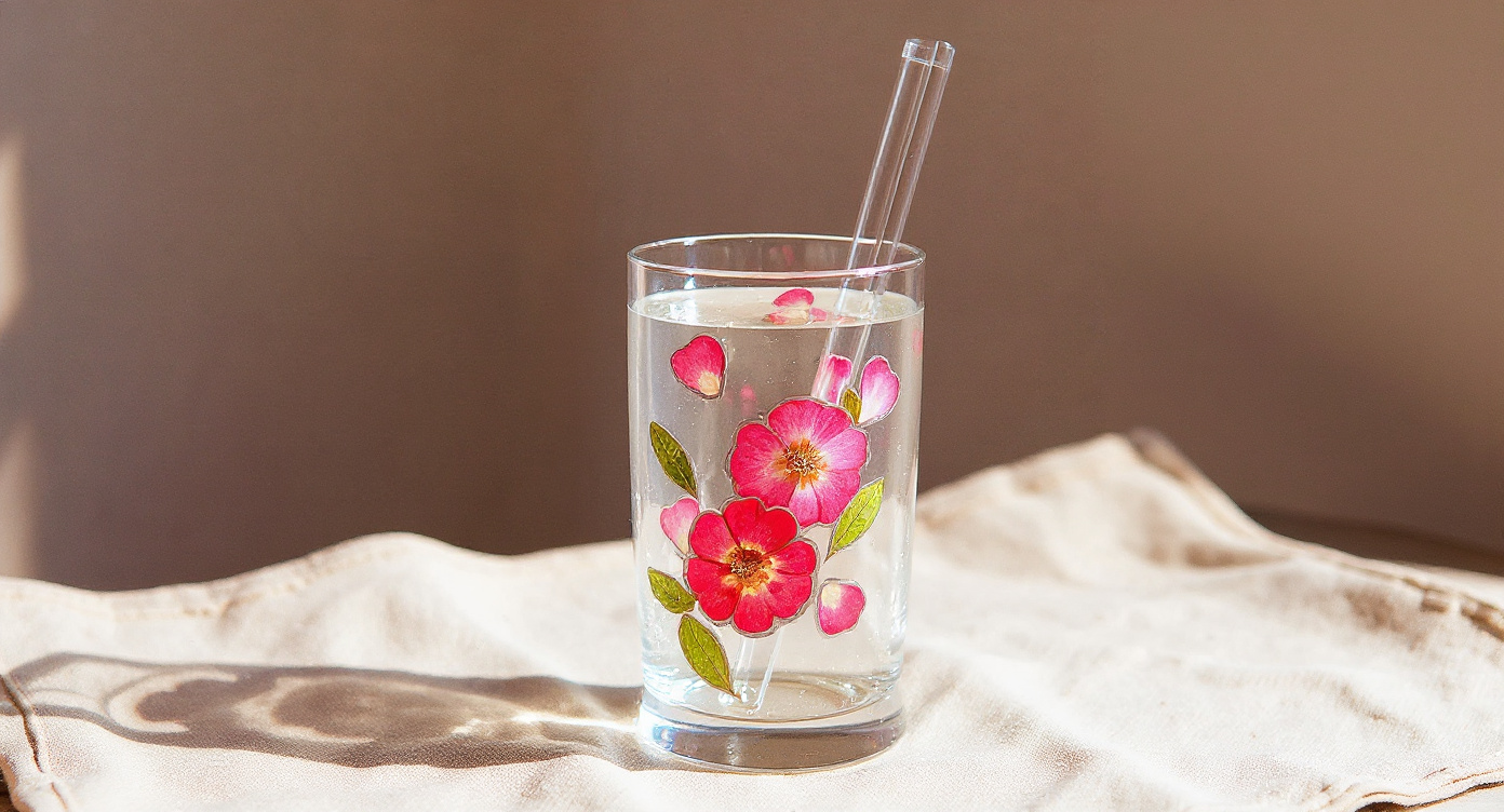Handcrafted Pressed Flower Glass Tumbler displayed on vanity shelf with pampas and book